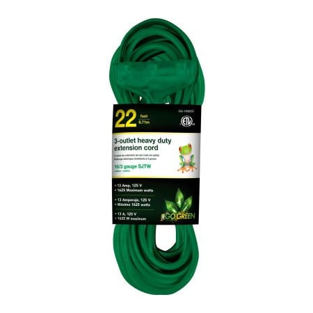 Gogreen SJTW Extension Cord, 16 AWG, Outdoor, 16/3, 3 Outlets, Green, 2 ft GG-15022GN